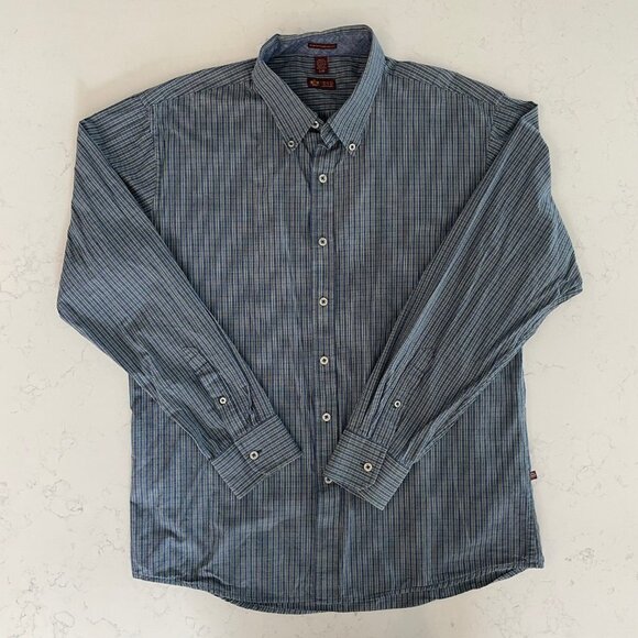 Izod Slim Fit Casual Button Down Lg Slv Check Cotton Shirt Navy + Green Sz L - Picture 12 of 12